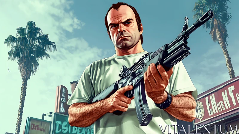 Bold gunman stands ready on a tense city street backdrop