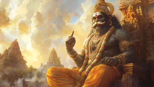 Seated mythological figure before ornate temple structures.