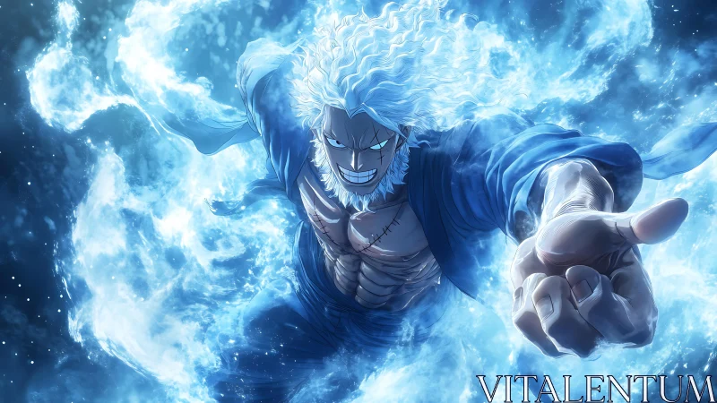 Electrified warrior erupts from swirling blue energy storm