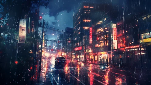 Nocturnal neon city street under heavy rain with car reflections