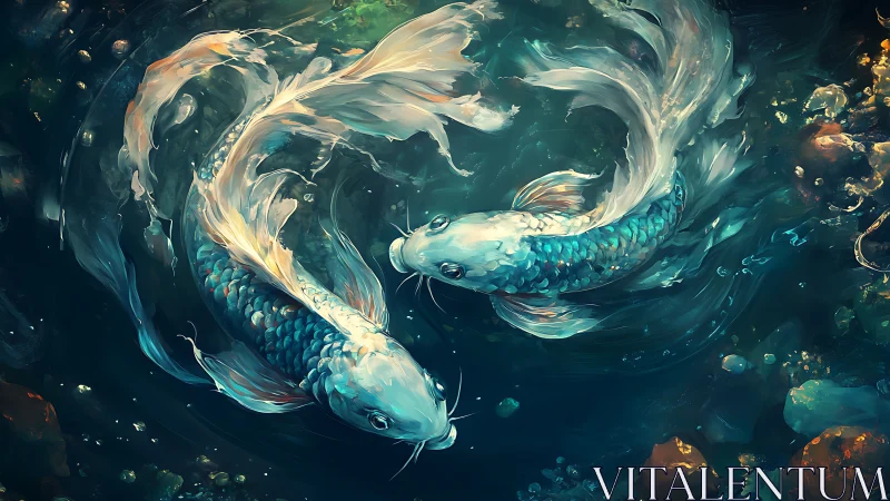 Twin koi fish swirl in luminous teal and gold waters.