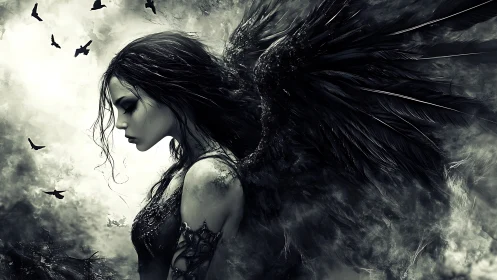 Dark angel with raven wings stands in swirling storm