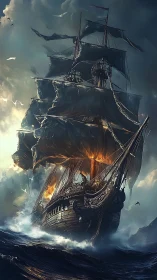 Burning galleon surges through storm-tossed ocean in dramatic view