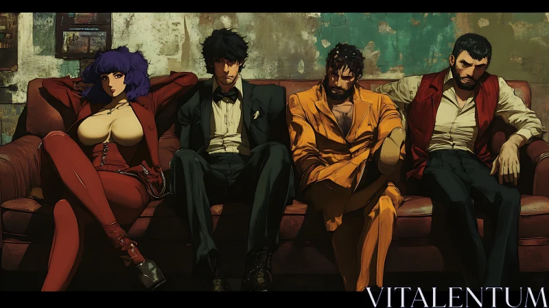 Cinematic quartet on distressed sofa in stylized noir attire.