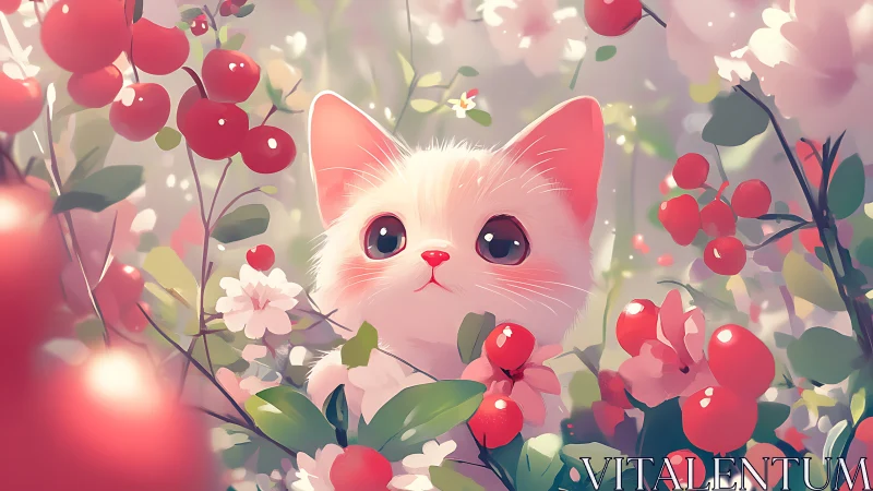 Berry-bright kitten listens for secrets in the garden hush