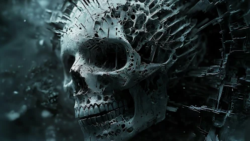 Fragmented cyber skull emerging from shadowed void.