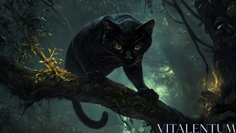Black panther perched on mossy forest branch