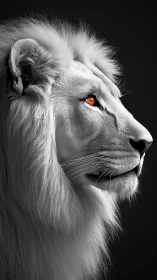 Photorealistic white lion profile with high-contrast detailing.