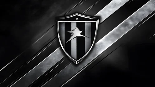 Metallic black shield emblem with star on diagonal steel