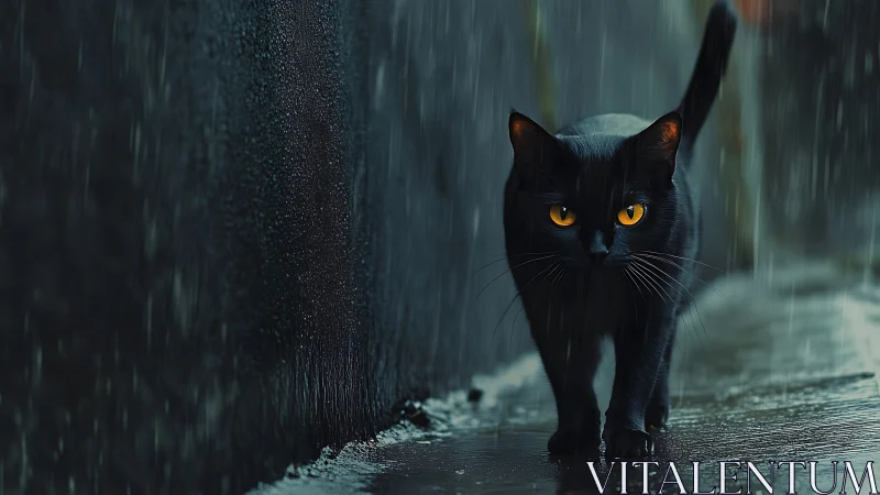 Black Cat with Golden Eyes in Rain Against Concrete Wall