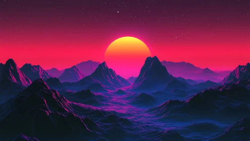 Neon sun sets behind stylized wireframe mountain landscape