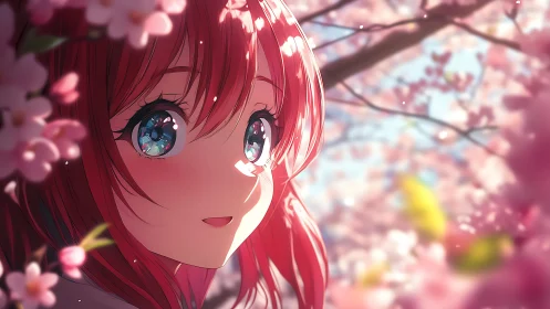 Red haired anime girl framed by soft cherry blossoms.