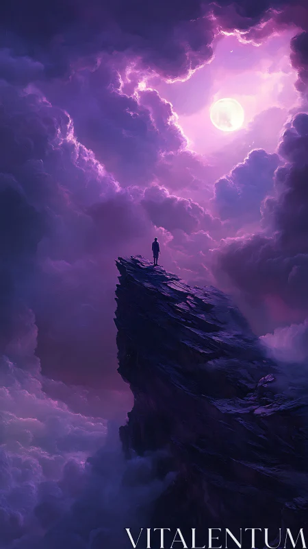Moonlit dreamer stands on a purple cliff beneath glowing sky