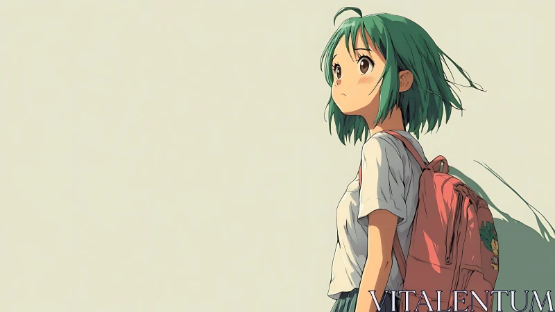 Side-lit anime student with backpack in minimalist frame.