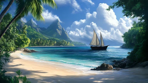 Tropical sailing vessel anchored within verdant lagoon landscape
