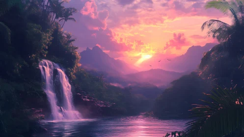 Dreamy tropical waterfall at sunset in soft pastel glow.