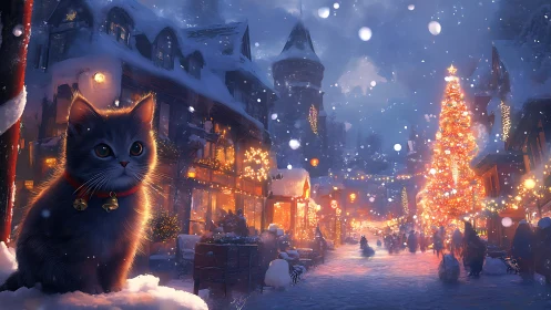 Snowy Christmas town street with festive kitten lookout.