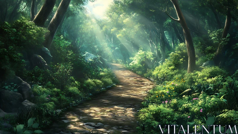 Forest path with sunlight filtering through old growth trees.