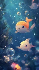 Luminous stylized goldfish with volumetric bubbles underwater.