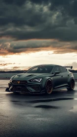 Track-tuned matte green sports hatch waits under stormy skies