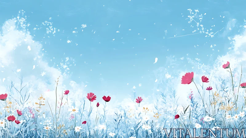 Wildflower meadow under clear sky captures quiet summer breeze