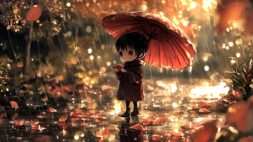 Child under red umbrella in glowing autumn rainfall.