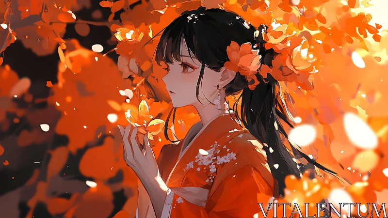 Girl in orange kimono stands among glowing orange flowers
