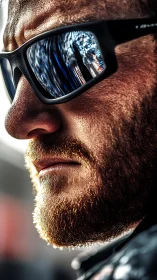 Bearded profile with mirrored sunglasses in dramatic closeup.