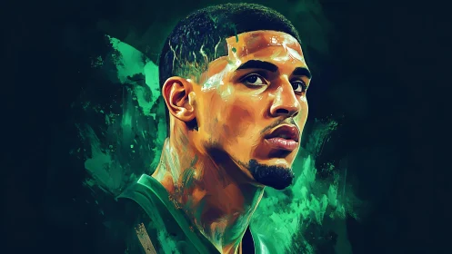 Emerald brushstrokes crown a focused basketball warrior’s gaze