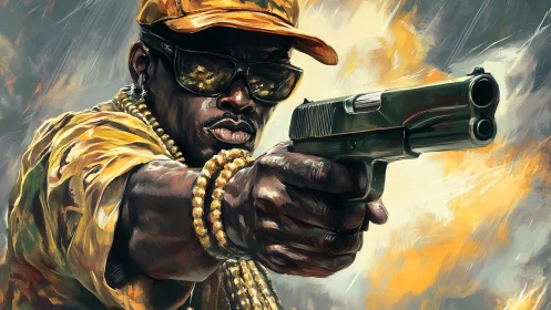 Steely gaze hurls painted bullets through swirls of fire