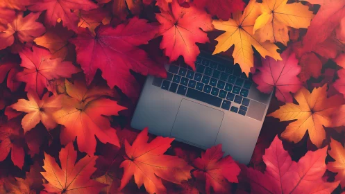 Laptop napping under autumn leaves in cozy ember hush.