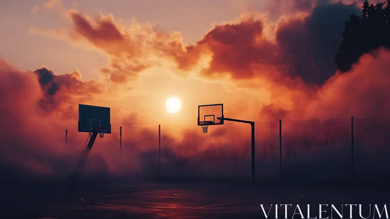 Sunset-lit fog drifts across a quiet urban basketball court.