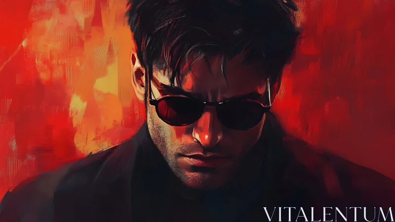 Brooding figure in red light with quiet, cinematic intensity.