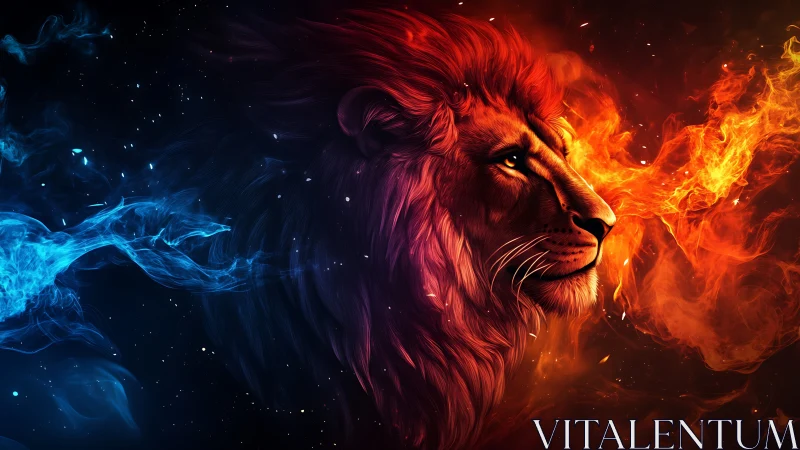 Lion profile amid dual fire and ice energy plumes in space.