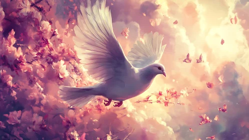 White dove glides through glowing pastel blossom sky.