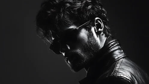 Moody side profile of man in sunglasses and leather jacket.