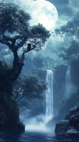 Moonlit forest waterfall with cloaked watcher perched above.