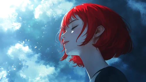 Red haired girl in profile against bright cloudy sky.