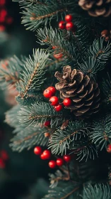 Pinecone rests among evergreen needles with red winter berries