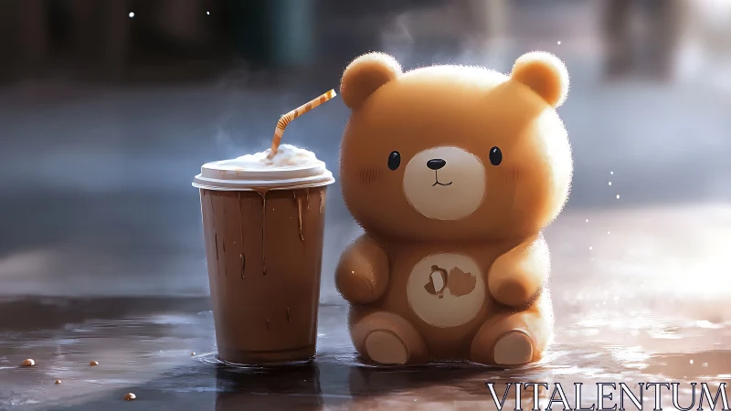 Digital painting of plush bear and latte in soft backlight.