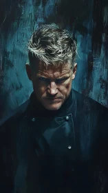 Brooding blonde chef in moody blue portrait lighting study.