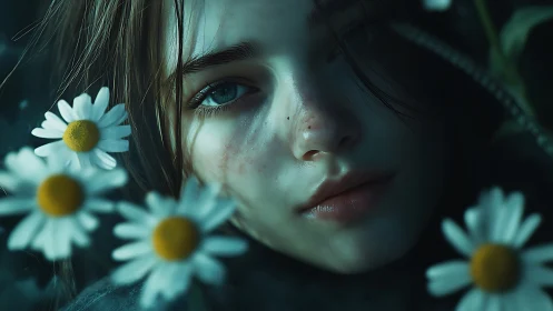 Melancholic girl lies among moonlit daisies in quiet bloom