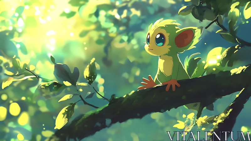 Forest creature on sunlit branch in glowing bokeh light.