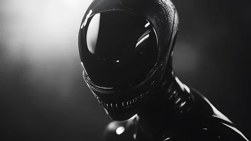 Specular black alien helmet with reflective visor and ribbed neck