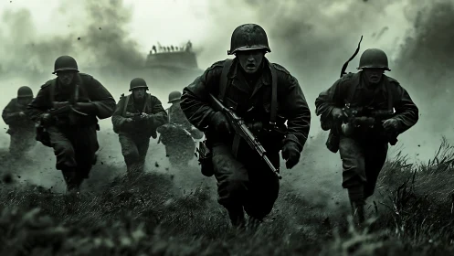 WWII infantry assault under artillery smoke, low-angle charge