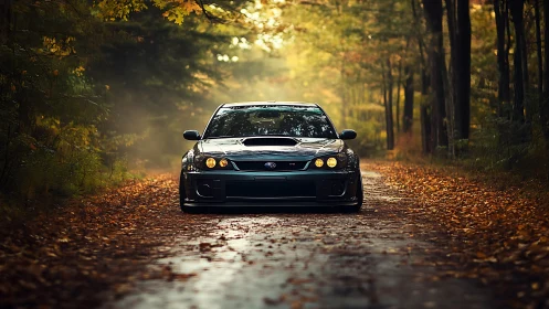 Subaru performance sedan cuts through misty autumn forest road.