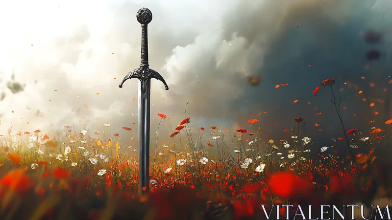 Fantasy sword tableau in stormlit poppy and daisy field.