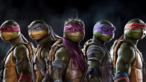 Anthropomorphic turtle team lineup in detailed 3D rendering.