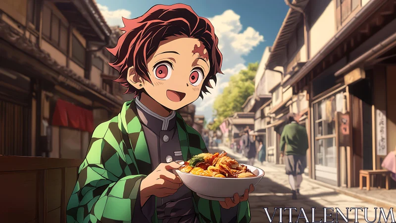 Anime street scene with cheerful diner holding detailed ramen bowl.