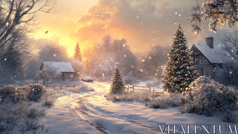 Snow covered rural cottages flank lit Christmas trees at dusk